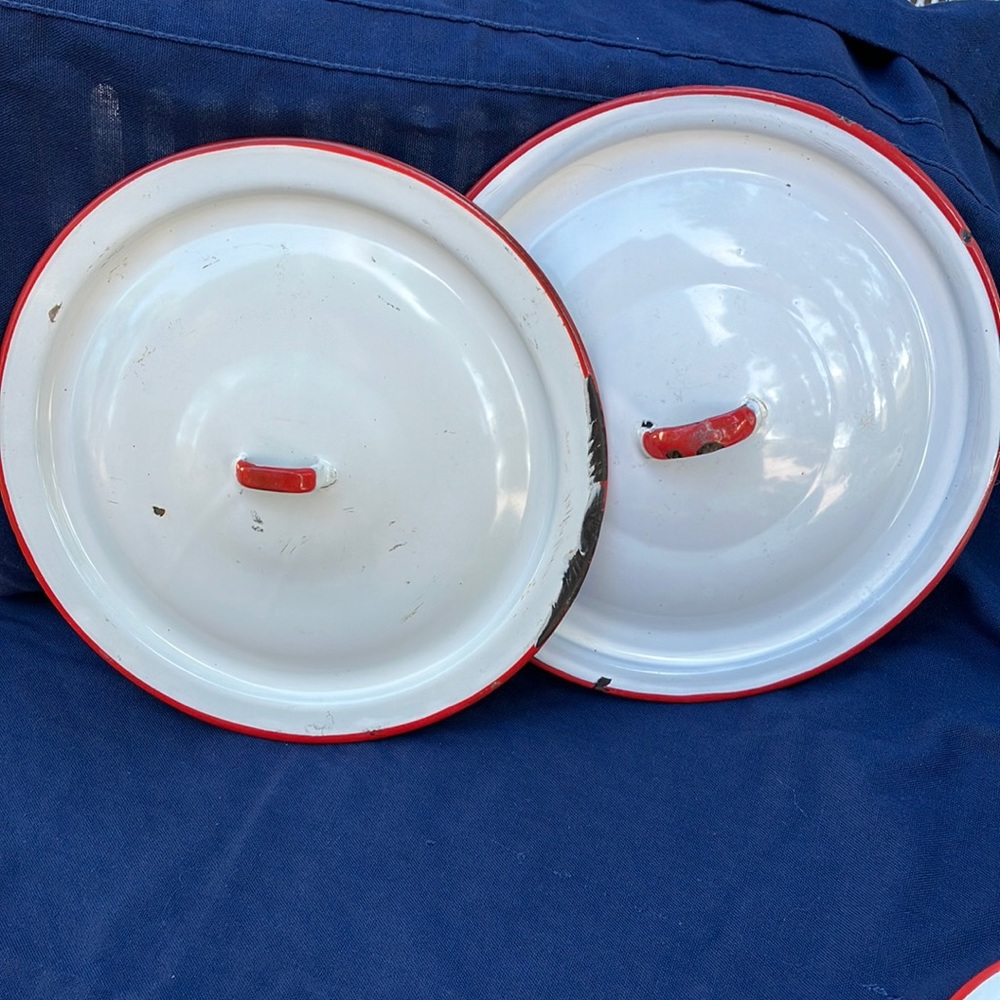 Vintage Enamel Ware Pot Lids. Red and White, 10” Diameter